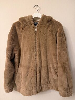 Rachel Zoe Plush Faux Fur Hooded Puffer Jacket - Taupe Brown